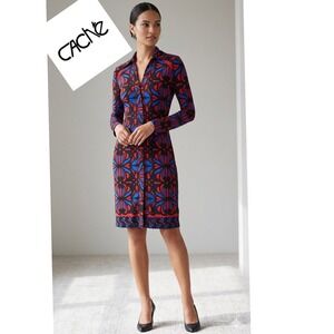 Cache Red Blue Black Geometric Floral Print Long Sleeve Shirt Dress XS